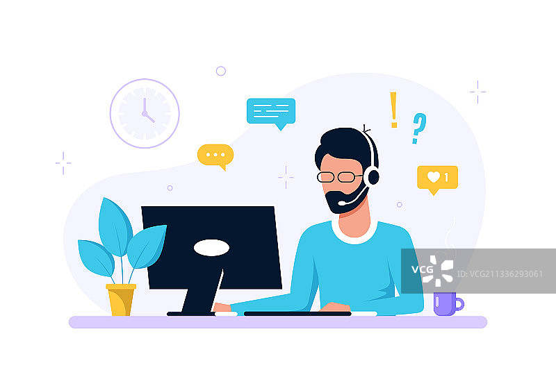 戴着耳机和麦克风的笔记本电脑男人图片素材