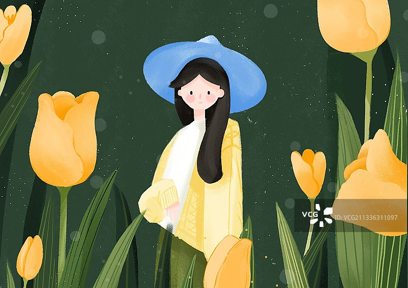 花与少女之郁金香与少女（全身）图片素材