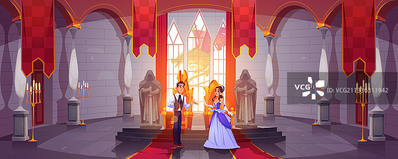 城堡大厅宝座上的王子和公主图片素材