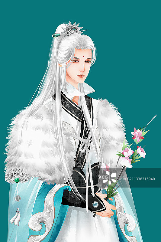 中国风毛领拿花公子插画元素图片素材