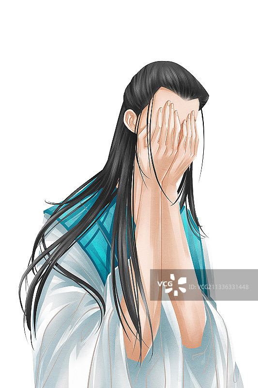 中国风水彩古风男性哭泣插画元素图片素材