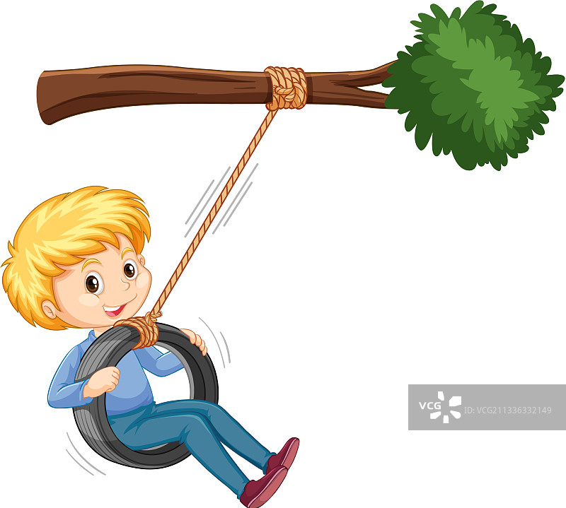 男孩在白色树枝下玩轮胎秋千图片素材