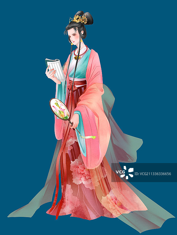中国风水彩古风女性看书插画元素图片素材