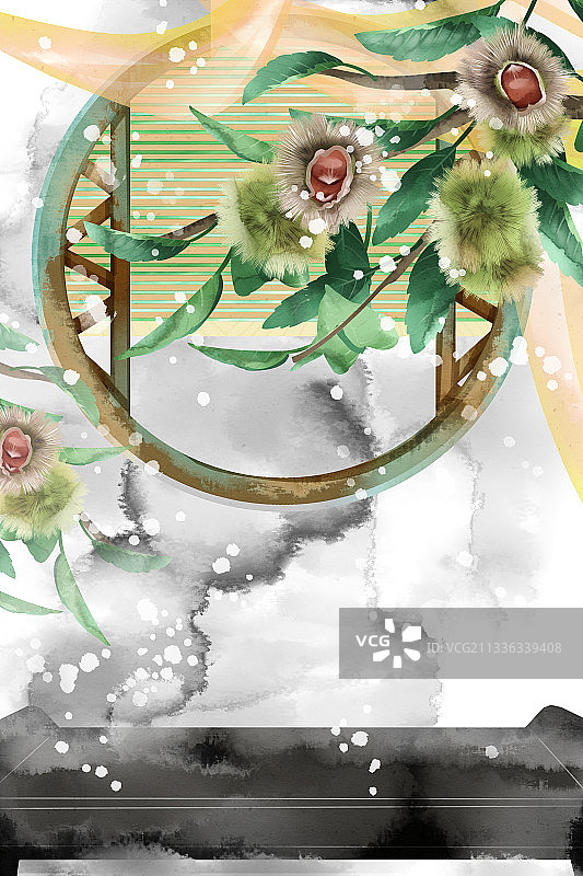 中国风水彩室内板栗插画背景图片素材