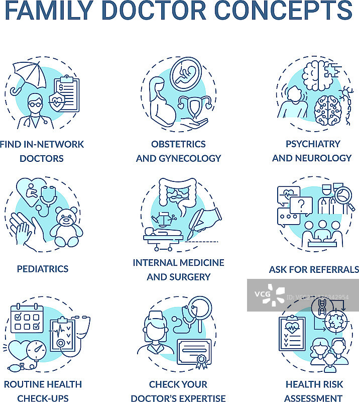 家庭医生蓝色概念图标集图片素材
