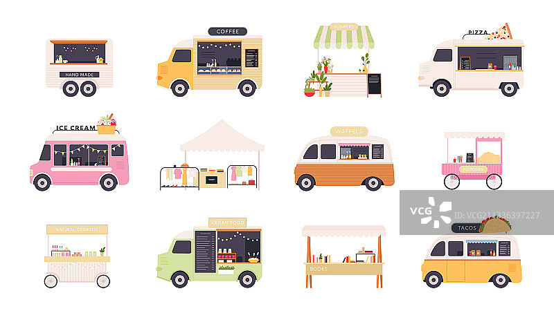 街头小吃亭餐车和爆米花摊位图片素材