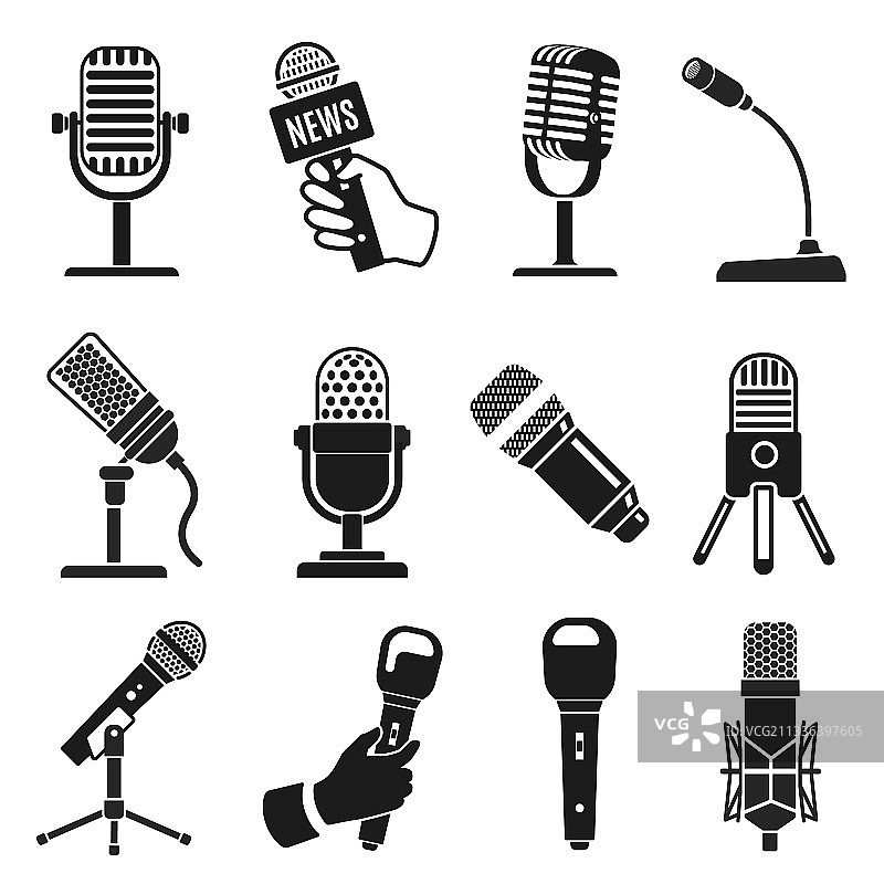 现代麦克风和老式复古麦克风剪影图片素材