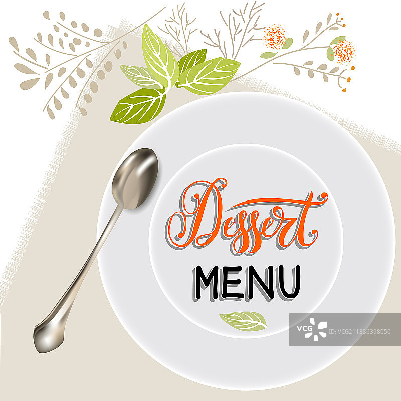 白色餐盘、勺子和餐巾上的植物图片素材