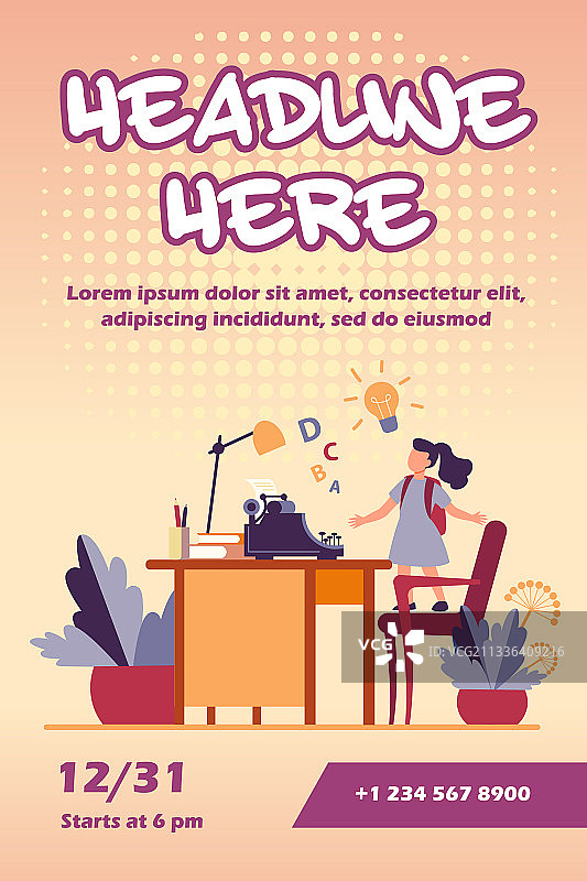 打字机前有想法的小女孩图片素材