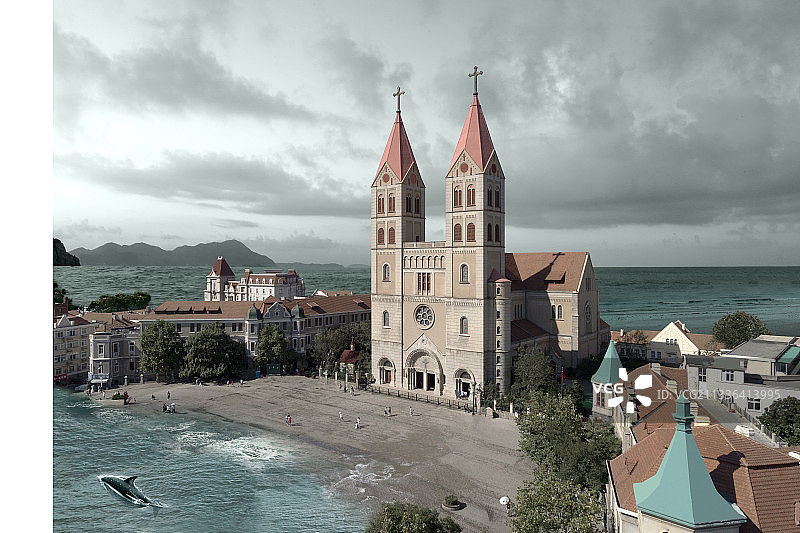 青岛乌托邦 教堂 海 航拍图片素材