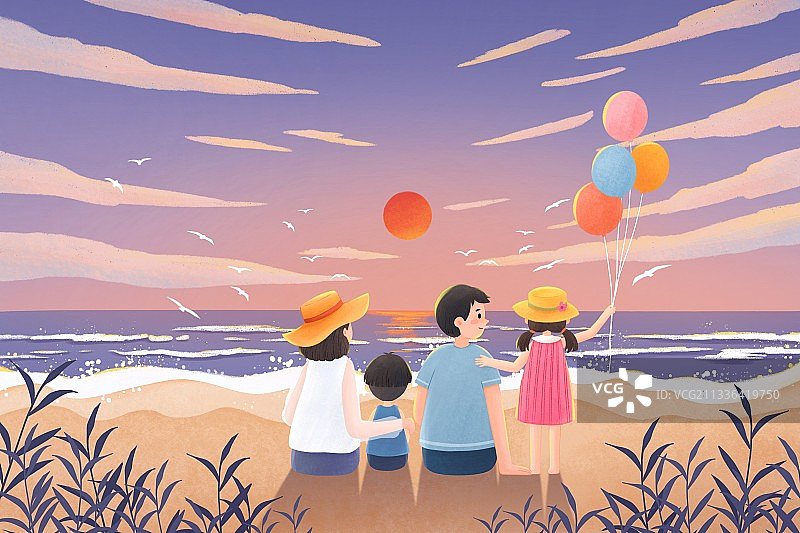 一家四口海边看日落插画图片素材