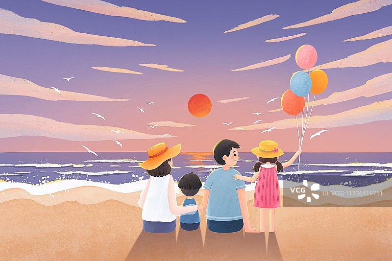 一家四口海边看日落插画图片素材