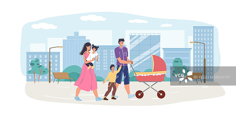 带婴儿车的扁平卡通家庭人物图片素材