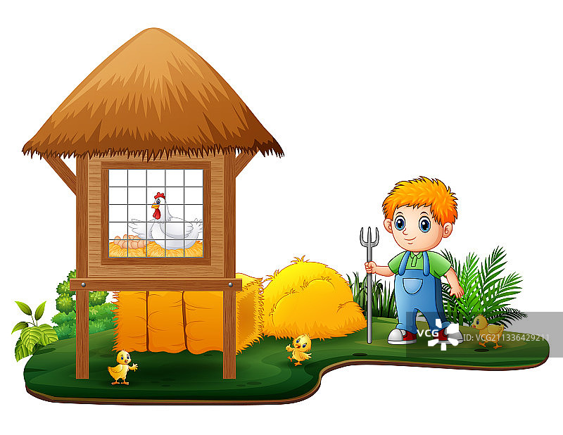 年轻农民和农场里的鸡图片素材