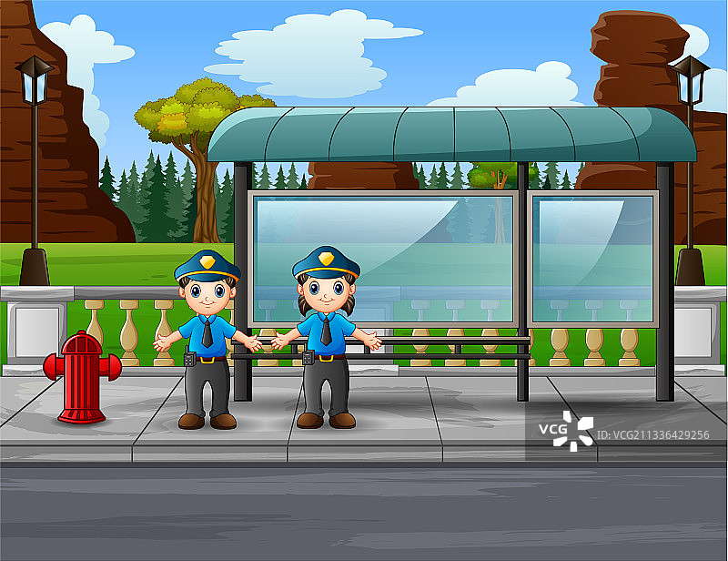 卡通警察在道路上指挥交通图片素材