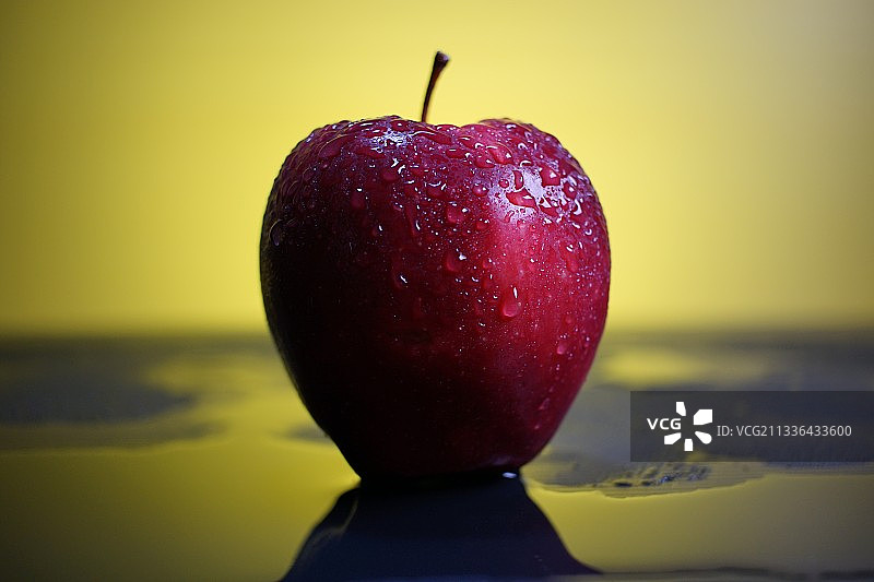 黄色背景下的湿苹果特写，辛卡旺，印度尼西亚图片素材