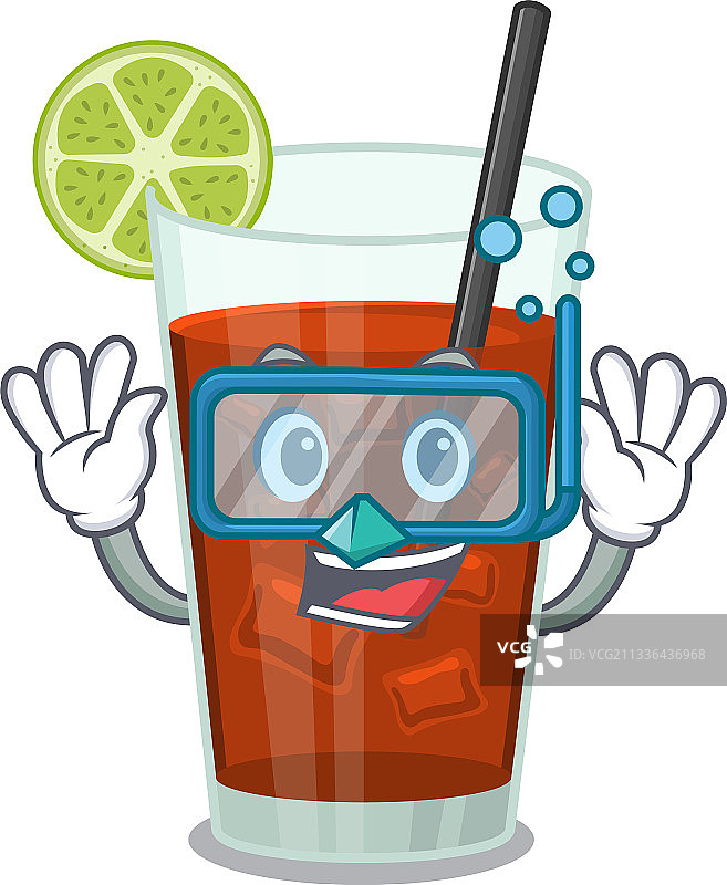 游泳的古巴自由鸡尾酒吉祥物设计图片素材