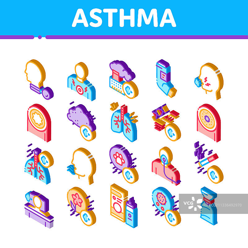 哮喘过敏源等距图标集图片素材