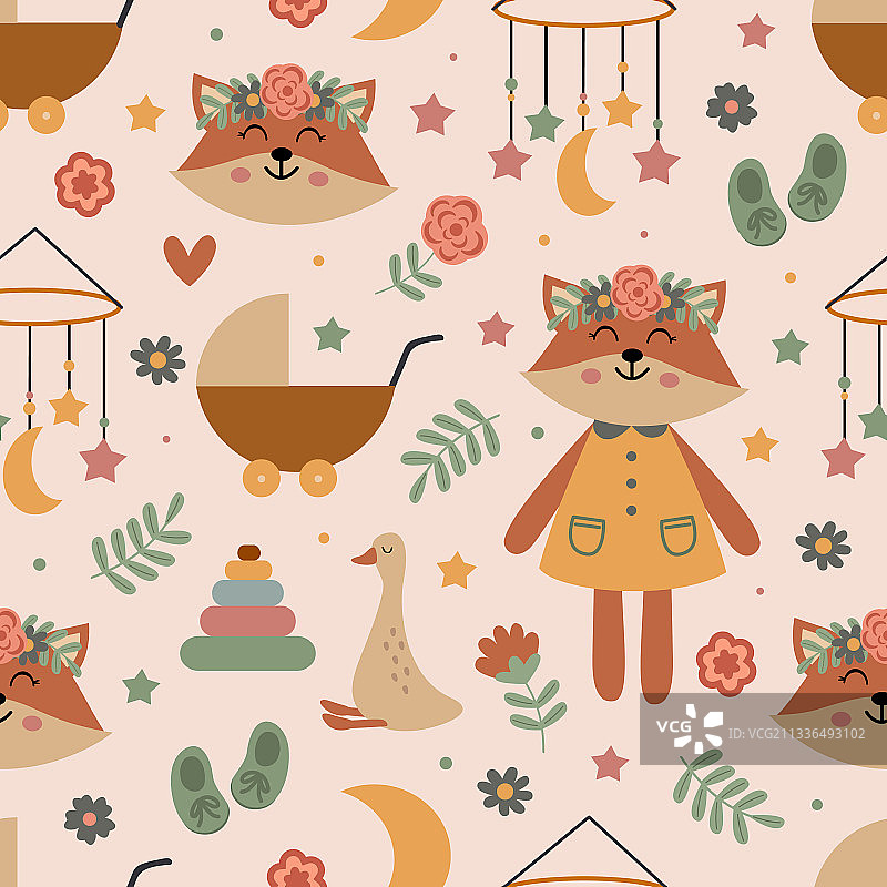 可爱狐狸与托儿所元素无缝图案图片素材