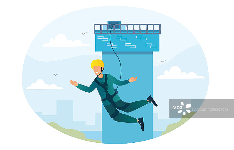 快乐的角色从塔上蹦极图片素材