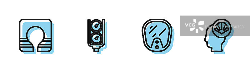 潜水面罩、救生衣和压力表线稿图标图片素材