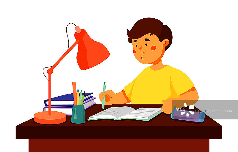 做作业的男孩 - 彩色扁平风格设计图片素材
