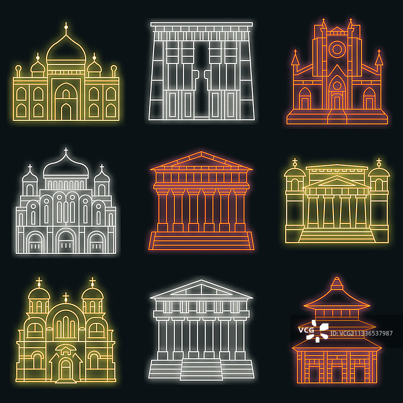 寺庙图标霓虹灯套装图片素材