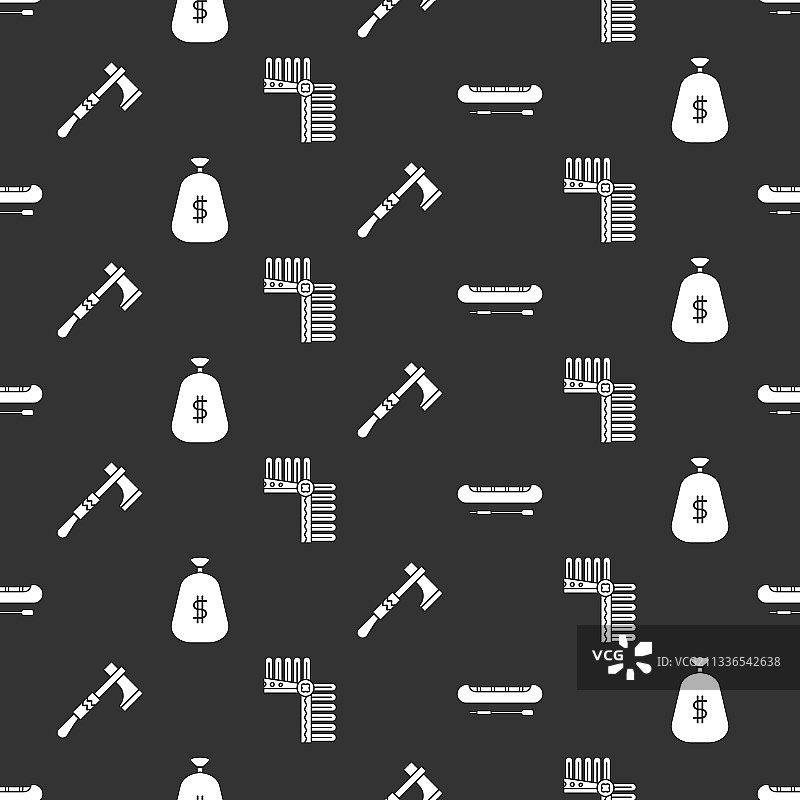 皮划艇或独木舟、桨、钱袋和战斧图片素材