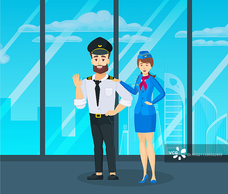 机组人员：飞机、机长和空姐图片素材