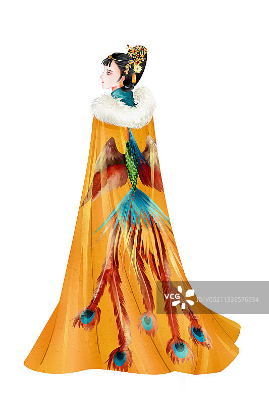 中国风水彩女性黄色披风插画元素图片素材