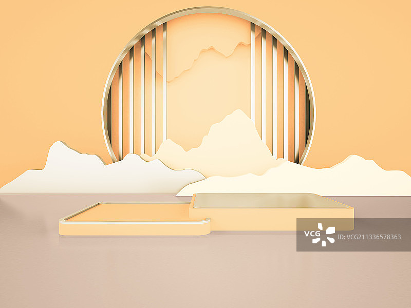 3D渲染创意中国风山水背景展示展台图片素材