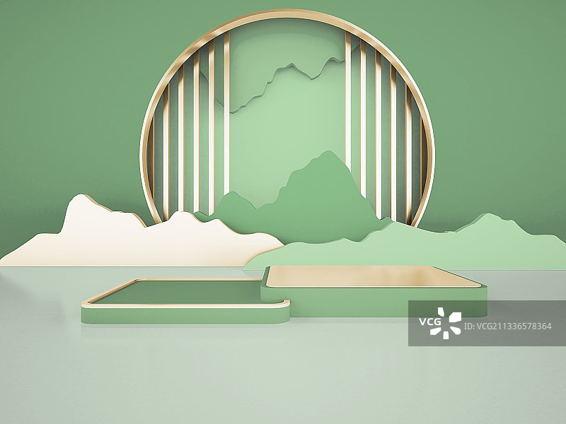 3D渲染创意中国风山水背景展示展台图片素材