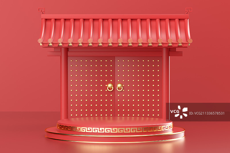 3D渲染的红色和蓝色为主题的中国风展台图片素材