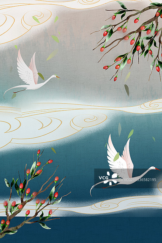中国风天空白鸟枸杞插画背景图片素材