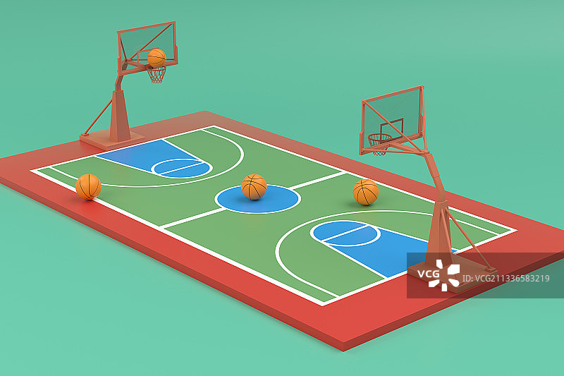 3D渲染的篮球架和篮球场图片素材