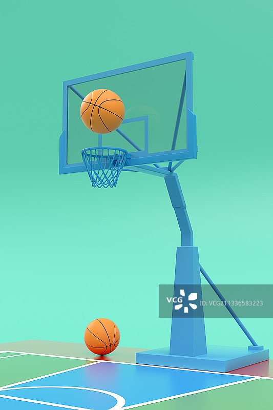 3D渲染的篮球架和篮球场图片素材