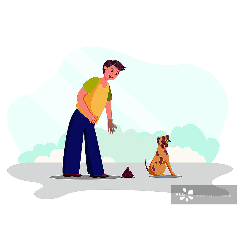 男人清理他的狗的粪便图片素材