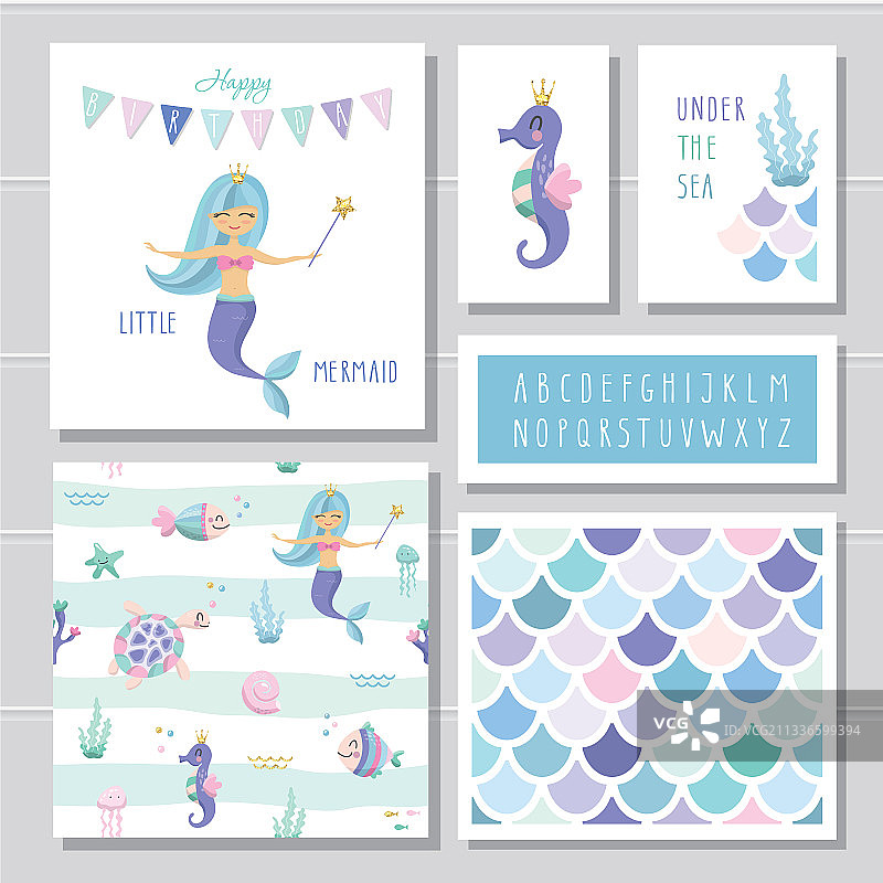 美人鱼生日贺卡模板套装，包含鱼图片素材