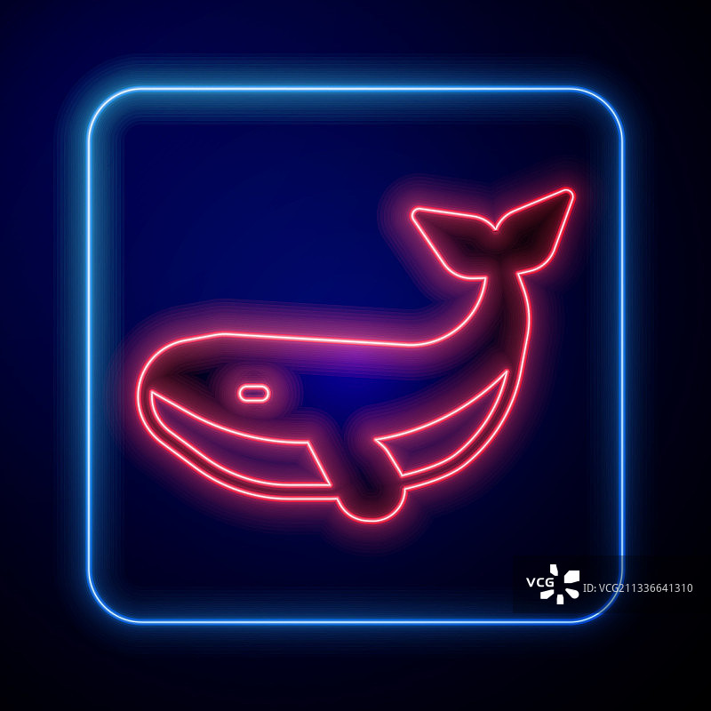 蓝色背景上发光的霓虹鲸鱼图标图片素材