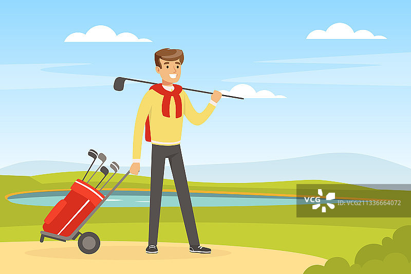 快乐的男人拉着装有高尔夫球杆的包图片素材