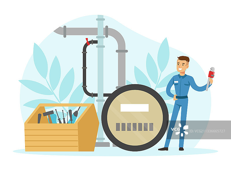 穿着蓝色制服的年轻男人水管工正在修理图片素材