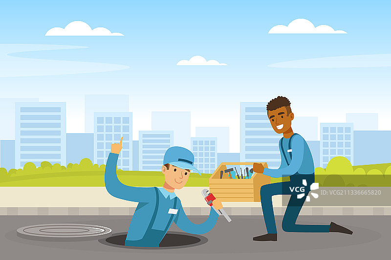 穿蓝色工作服手拿管道的男人，水管工图片素材