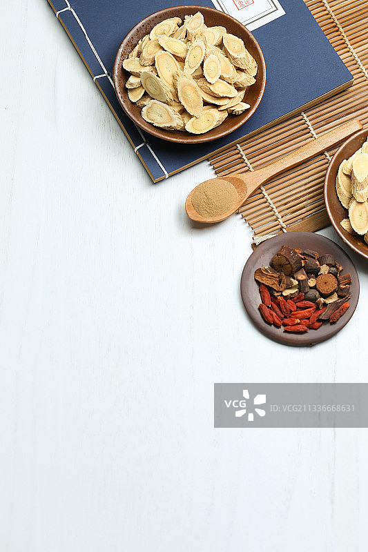 中药材和古代医书放在白色桌面上图片素材