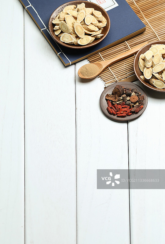 中药材和古代医书放在白色桌面上图片素材