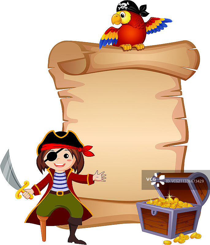 海盗鹦鹉，宝箱和信件模板图片素材