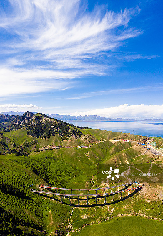 中国新疆伊犁州果子沟赛里木湖风光航拍图片素材