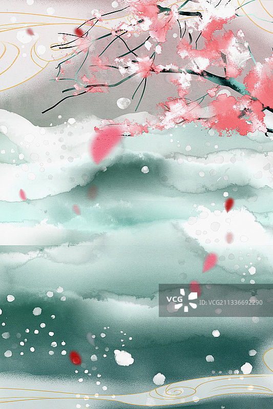 中国风水彩青山桃花树插画背景图片素材