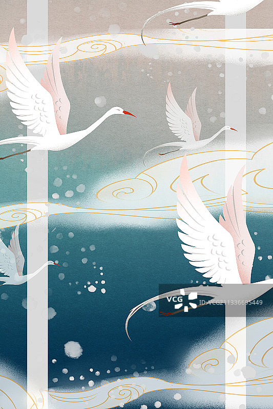 中国风水彩天空仙鹤插画背景图片素材