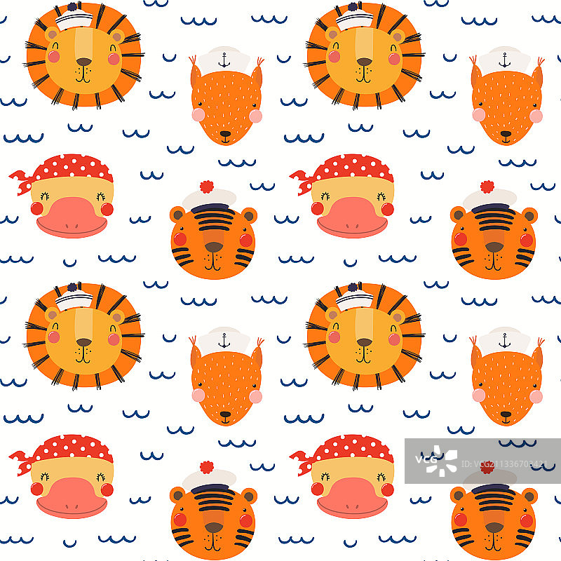 戴水手帽的可爱动物无缝图案图片素材