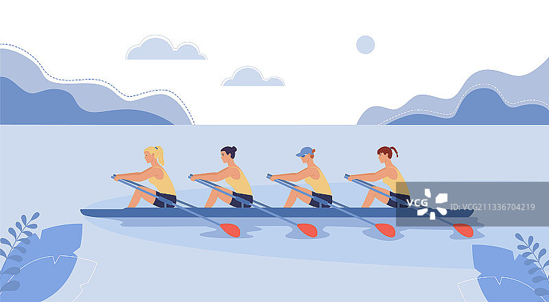 四名女运动员在船上游泳图片素材